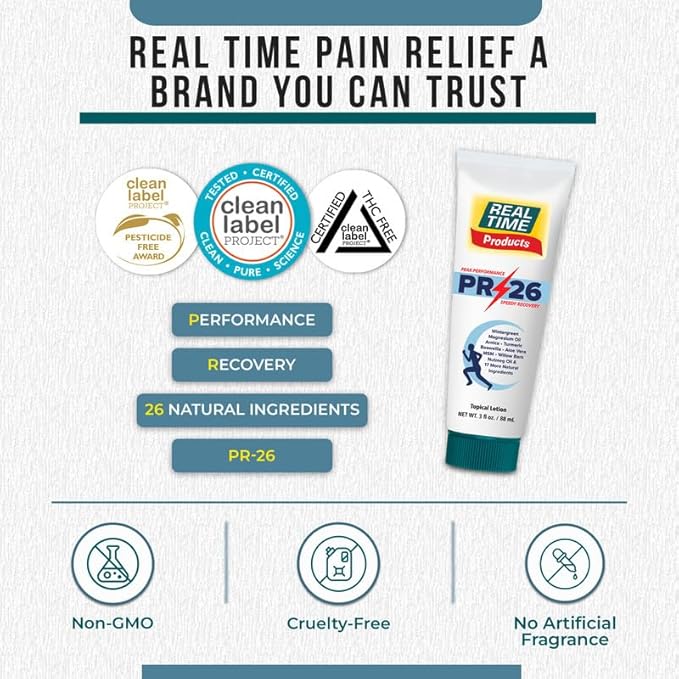 PR-26 by Real Time 3 fl oz Recovery Topical Lotion for Athletes - 26 Natural Ingredients Including Arnica, Magnesium Oil, Turmeric - Pre & Post Workout Muscle + Joint Rub for Athletic Lifestyle