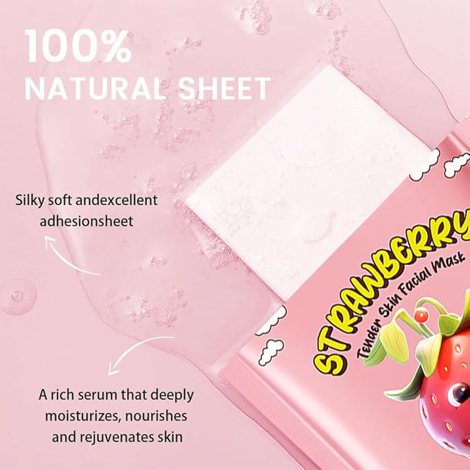 8 PCS Real Hydrating Nature Face Masks Skincare, Hyaluronic Acid, Vitamin C and E, Chamomile, Korean Beauty Essence Facial Paper Sheet Mask for Skin Care Moisturizing (Strawberry)
