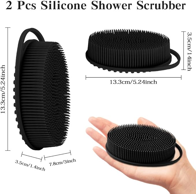 2 Pack Silicone Body Scrubber with Loofah Exfoliating Soft Body Shower Scrubber for Body, 2 in 1 Bath and Shampoo Wash Brush for Skin Exfoliation Men Women (Purple&Black)