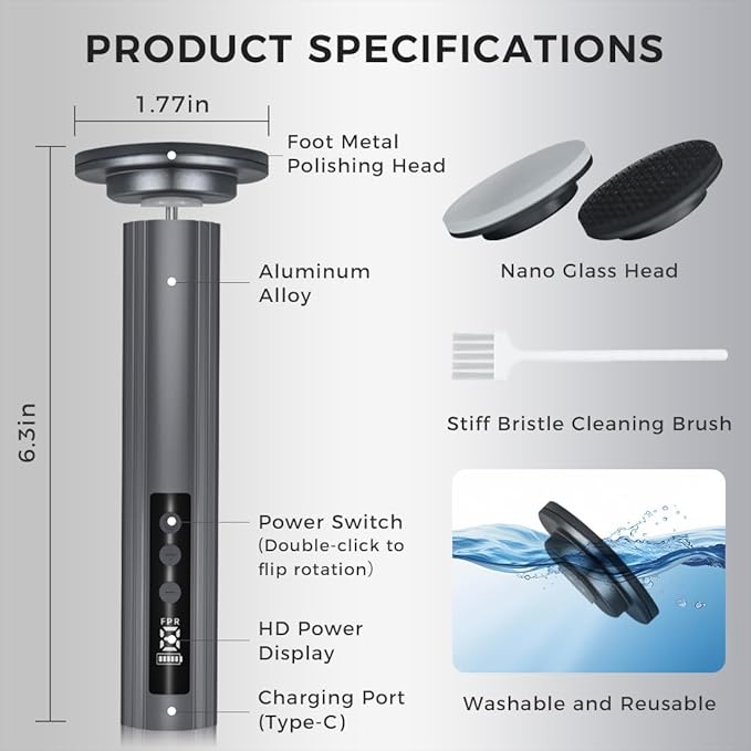 Electric Foot Callus Remover with Nano Glass Head, 9-Speed Rechargeable Foot File with Adjustable R/F Rotation, Digital Display & Powerful Motor for Cracked Heels & Dead Skin (Gray)