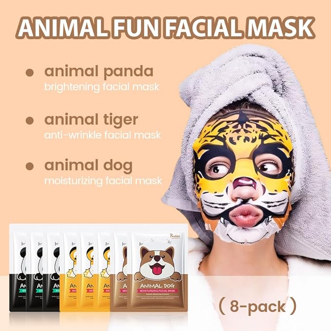 8 Pack Animal Character Kids Face Masks Spa, Korean Soothe Facial Sheet Mask for All Skin Types, Spa Masks For Girls, Girls Night Skincare Spa Party, Birthday Gifts for Women Men, (Animal 8Pcs)