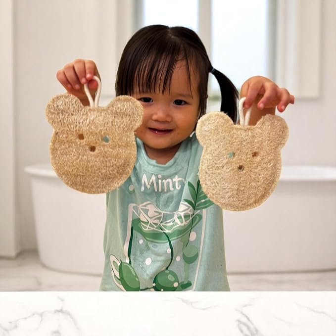 Natural Bear Shape Loofah Sponge, Exfoliating Body Scrubbers (2 Pack), Biodegradable Bath Loofahs Sponge, Gentle, Chemical-Free Bath & Body Loofah for Women, Men and Kids, Made with Natural Loofah