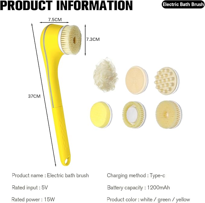 Generic Electric Body Brush Set for Showering,Exfoliating Bath Brush Long Handle for Shower Lotion Applicator for Back Silicone Body Scrubber with 6 Shower Brush Heads for Women Men Gifts (Yellow)
