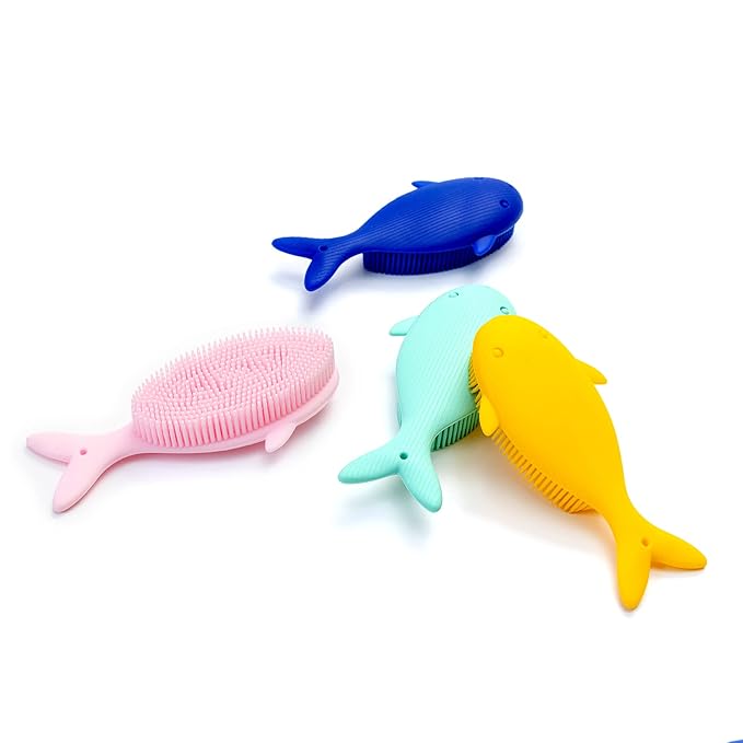 Premium Sensory Brushes for Kids or Autism,Soft Silicone Body Scrubber,2 in 1 Sensory Room Occupational Therapy,Silicone Loofah,Pets Shower Brush Bath Brush Shampoo Brush (4pcs(Whale))