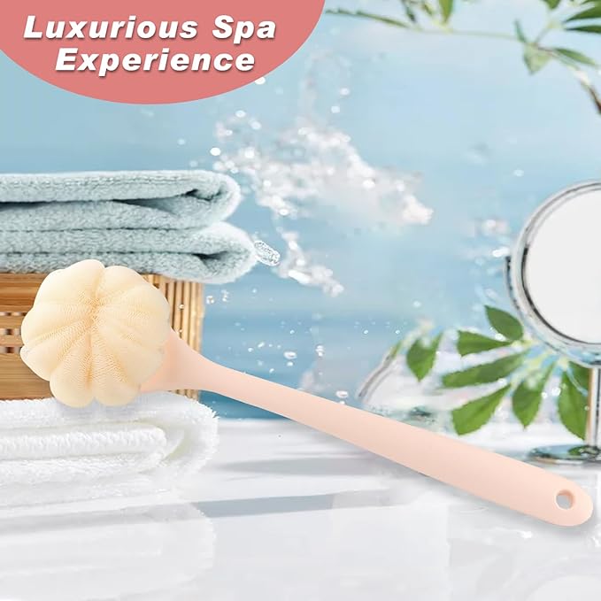 3-Pack Pink 15.4" Long Handle Dual Sided Bath Brushes with Soft Bristles and Beautiful Pumpkin Loofah for Gentle Deep Cleansing
