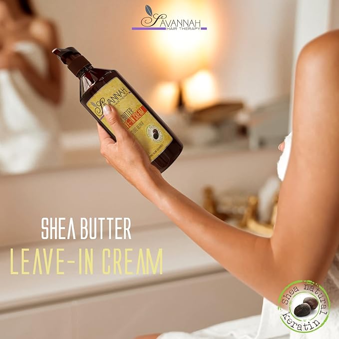 Savannah Hair Therapy Leave-In Cream with Shea Butter, Keratin & Silk Protein – Moisturizing & Anti-Frizz Treatment for Dry, Damaged or Color-Treated Hair – Professional Salon Formula 500 ml (16.9 oz)