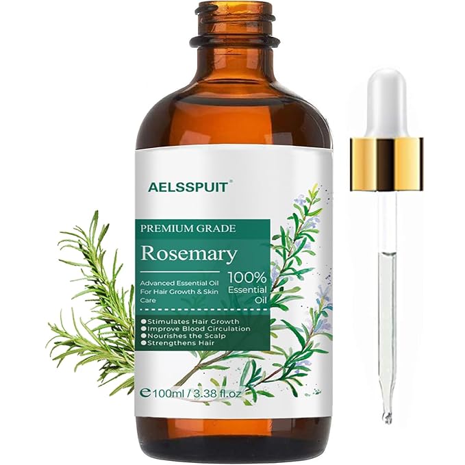 Rosemary Essential Oil for Hair Growth & Scalp Care - 3.38 Fl Oz (100ml) 100% Pure Organic Cold Pressed Oil in Glass Bottle - Aromatherapy Diffuser, Skin & Nail Treatment(Large, Rosemary)