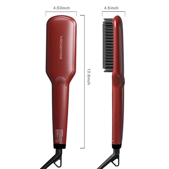 Updated 2025 Megawise Pro Ceramic Ionic Hair Straightener Brush – Fast 20s Heating, Auto-Off, Anti-Scald, Dual Voltage, Rotatable Power Cord – Home Salon Styling (Tomato Red)