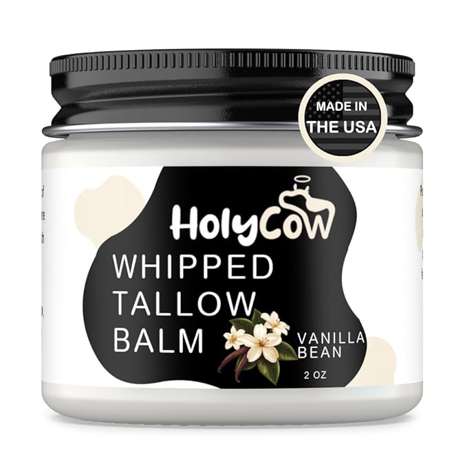 HolyCow Beef Tallow For Skin - Whipped Tallow Balm with Organic Jojoba Oil, Grass Fed Beef Tallow Face Moisturizer for Eczema, Baby, Lip Balm - Lotion For Extremely Dry Skin (Vanilla Bean)