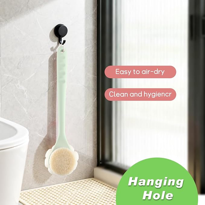 3-Pack Green 15.4" Long Handle Dual Sided Bath Brushes with Soft Bristles and Beautiful Pumpkin Loofah for Gentle Deep Cleansing