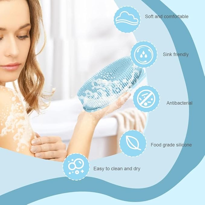 Silicone Body Scrubber, Exfoliating Silicone Body Shower, Silicone Loofah 2 in 1 Bath and Shampoo Brush, Body Scrubber Shower Cleaning Exfoliating for Sensitive Skin, Lather Well 2 PCS Black and Blue