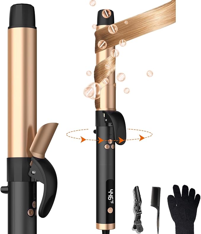 Rotating Curling Iron, 5 Temperature 1 1/4 in Automatic Curling Iron, Double Voltage 360° Rotating Auto Curling Wands, 1H Auto-Off & 30s Fast Heat Self Curler Travel Hair Styling Tools