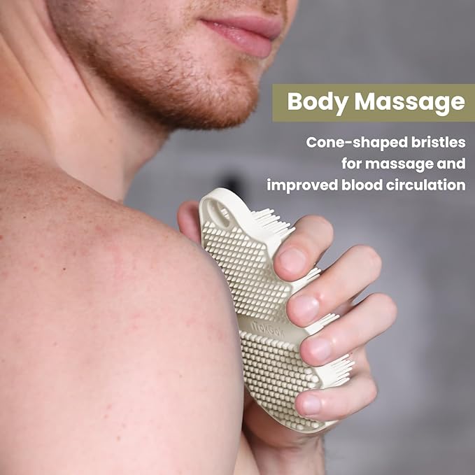 Silicone Body Scrubber Silver-Infused Dual-Sided 3-in-1 for Shower, Body Cleaning+Massage+Exfoliator Body Brush Buffer for Men and Women, Silicone Loofah, Non-Slip Handle (Stone)