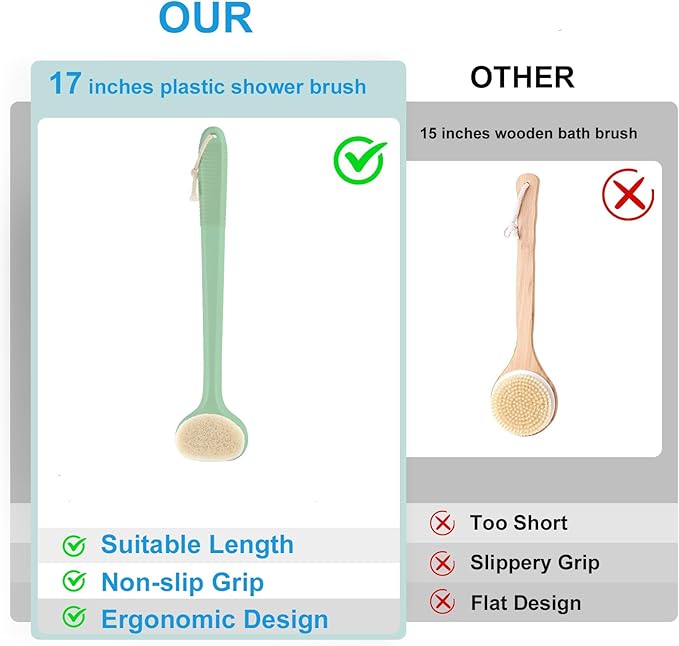 VANZAVANZU Back Scrubber for Shower, Bath Brush with 17-Inch Long Anti-Slip Handle, Wet and Dry Brushing Body Brush for Body Cleansing, Back Brush for Men and Women (Pea Green)
