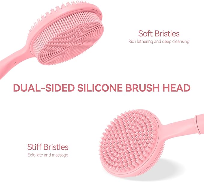 Back Scrubber for Shower, (16-24 Inch) Extendable Bath Brush Long Handle for Shower, Silicone Body Scrubber with Handle, Back Brush for Shower Men and Women,Easy to Clean (Pink)