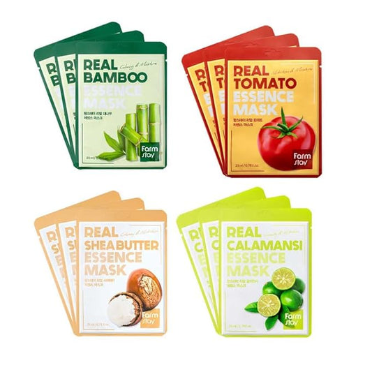 FARMSTAY] Real Essence Mask(12-Combo) - Calamansi, Sheabutter, Tomato, Bamboo | Korean Skin Care Mask Sheet