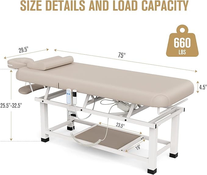 pouseayar Heavy Duty Electric Stationary Massage Table with Heating Function, Backrest Adjustable and Storage Space for Treatment/Medical Spa/Facial/Beauty/Massage Bed - 30 x 75 - Beige Gray