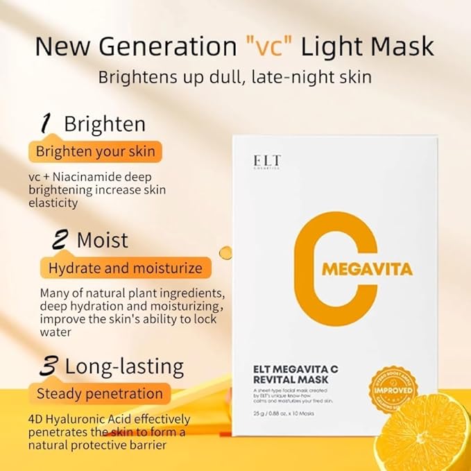 ELT Mega Vitamin C Sheet Mask, (25 g / 0.88 oz.) 10 EA Korean Face Mask, Brightening Sheet Mask, Soothing Facial Mask, Wrinkle Fighting, Deep Collagen, Korean Skin care