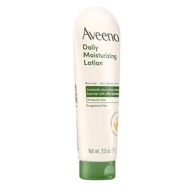 Aveeno Daily Moisturizing Body Lotion with Soothing Prebiotic Oat, Gentle Lotion Nourishes Dry Skin With Moisture, Paraben-, Dye- & Fragrance-Free, Non-Greasy & Non-Comedogenic, 2.5 fl. Oz