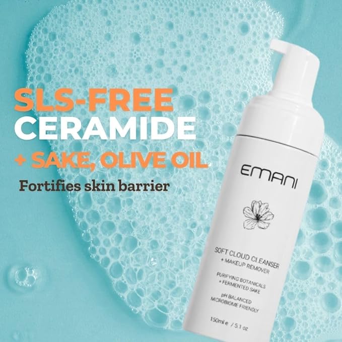Emani Soft Cloud Foam Cleanser, All-in-One Sensitive Skin Face Wash, All Skin Types + Fragrance-Free Makeup - Sunscreen Remover, SLS-FREE, Plant-Based, pH Balancing, 150ml