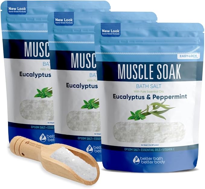 Muscle Bath Salt (3-Pack with Scoop) Muscle Bath Soaks with Pure Essential Oils in BPA Free Pouch with Press-Lock Seal Made in USA, Three 2-lbs Pouches 6-Lbs Total