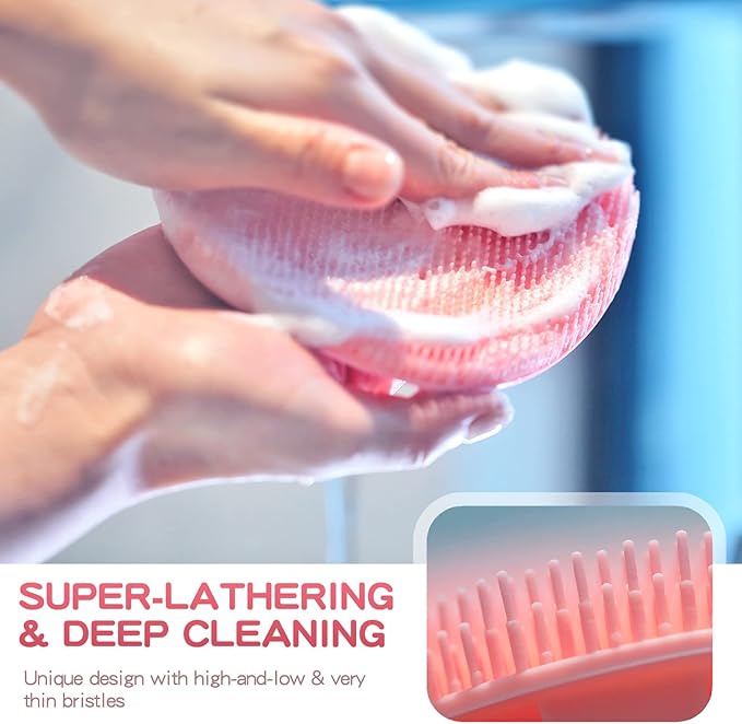 Manmihealth Silicone Back Scrubber(Thick Bristles) & Soft Bath Glove Set, Super-Exfoliating Body Scrubber & Super-Lathering Shower Brush Combination, with a Free Hook.(Pink)