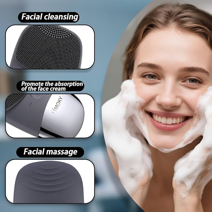Facial Cleansing Brush, 3-in-1 Electric Silicone Face Scrubber, Vibrating Massager, IPX7 Waterproof, USB Rechargeble Pore Brush for Deep Cleanning, Blackhead Remover, Exfoliating (Gray)