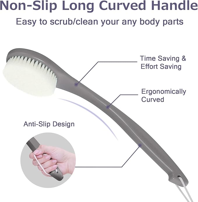 Bath Brush Long Handle for Shower, Soft Bristle Back Scrubber for Shower, Ergonomics Curved Long Handle Back Brush Exfoliating Body Scrubber with Hook and Lanyard-Grey