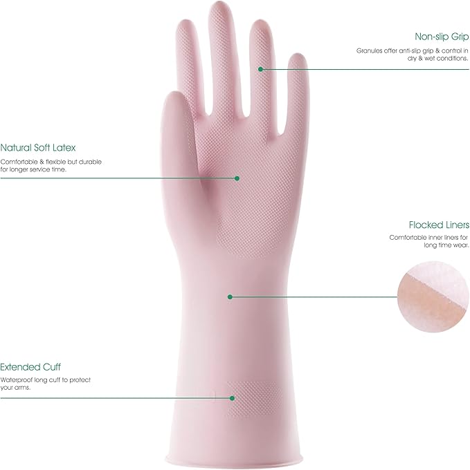 COOLJOB Small Household Rubber Gloves with Cotton Liner & Non-slip Grip, Waterproof Long Lasting Dishwashing Gloves for Kitchen & Bathroom Cleaning, Light Pink, 1 Pair