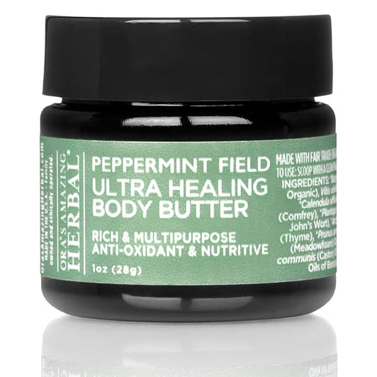 Ora's Amazing Herbal Ultra Healing Body Butter, Intensive Moisturizer For Dry Skin, Spearmint & Bergamot Essential Oil, 1 oz, Peppermint Field Scent