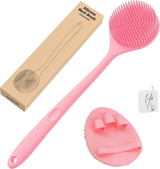 Manmihealth Silicone Back Scrubber(Thin Bristles) & Soft Bath Brushes Set, Super-Cleaning Body Scrubber & Super-Lathering Soft Bath Glove Combination, with a Free Hook.(Pink)