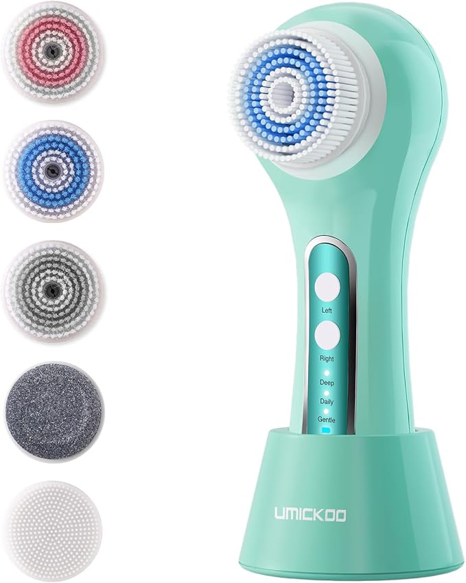Face Scrubber Exfoliator, Rechargeable Facial Cleansing Brush with 2-Way Rotation & 3 Modes, 30-Day Runtime, 5 Brush Heads for SPA-Level Care, IPX7 Waterproof, Deep Cleaning for All Skin Types
