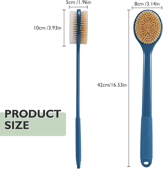 VANZAVANZU 17 Inch Anti-Slip Long Handle Back Scrubber for Shower – Dual-Sided Shower Brush and Shower Back Scrubber with Soft and Stiff Bristles for Wet or Dry Brushing (Navy Blue)