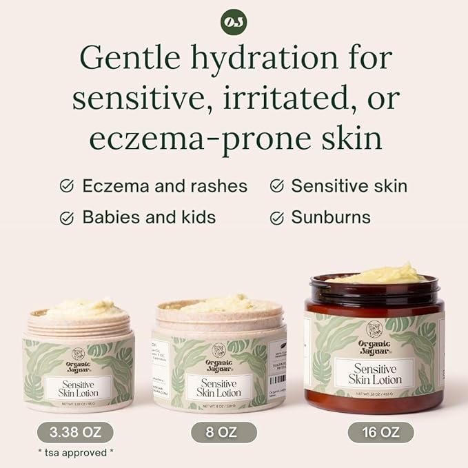 Organic Jaguar Natural Body Lotion for Sensitive Skin, Scent Free, Sulfate & Paraben Free Body Care, Moisturizer With Essential Oils, Vitamin E Oil, Beeswax, Extra Virgin Olive Oil, Raw Honey, 8 oz