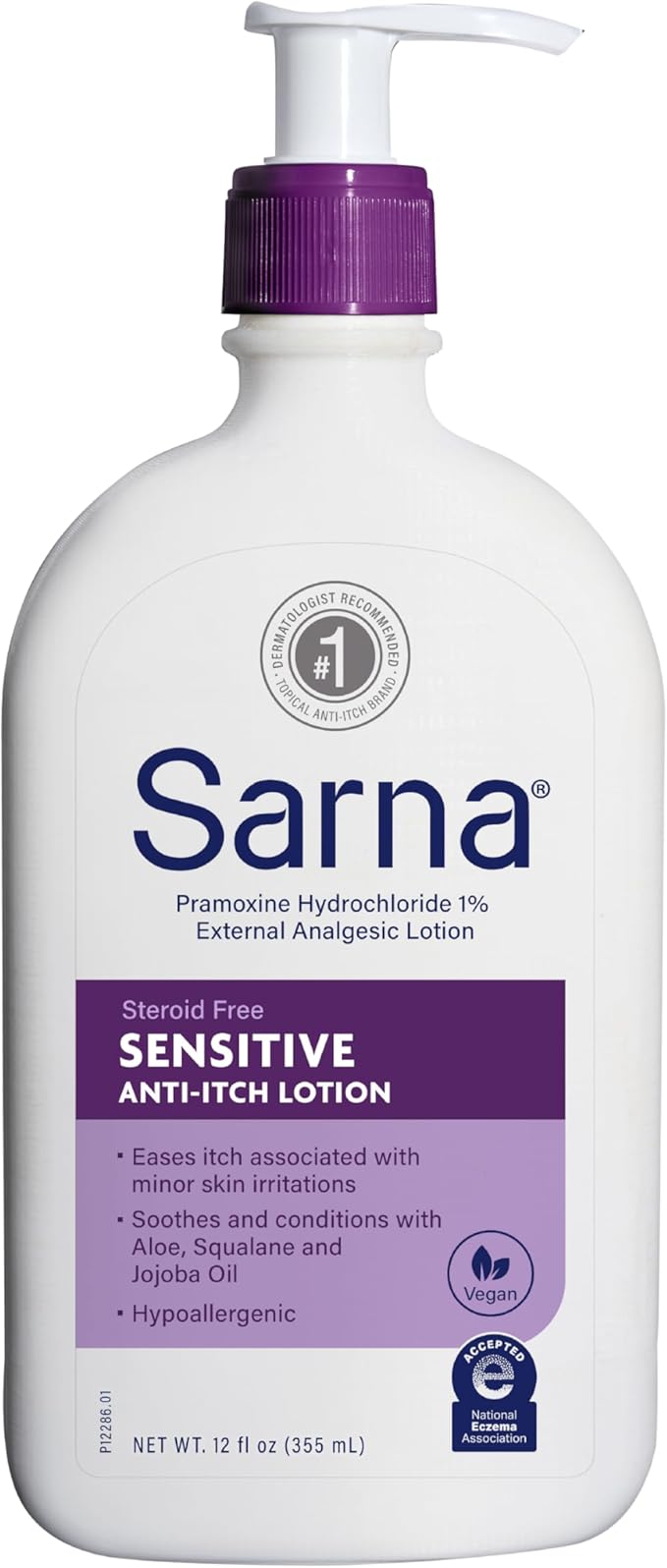 Sarna Sensitive Anti-Itch Lotion, Steroid-Free, Fragrance-Free, Vegan, Hypoallergenic, National Eczema Association Accepted, 1% Pramoxine Hydrochloride, 12 oz