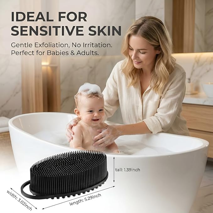 Silicone Body Scrubber, Exfoliating Loofah Alternative for Women Men, Soft Silicone Body Shower, 2 in 1 Bath and Shampoo Brush for Sensitive Skin, Back,Showering,Brush Exfoliator (Black)