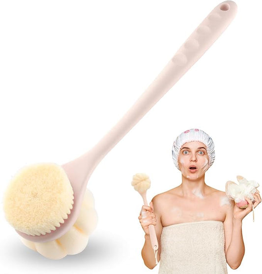 1-Pack Pink Double Sided Bath Brush with Soft Bristles and Loofah,Long Handle Back Scrubber,Exfoliating Back Shower Brush for Women and Men