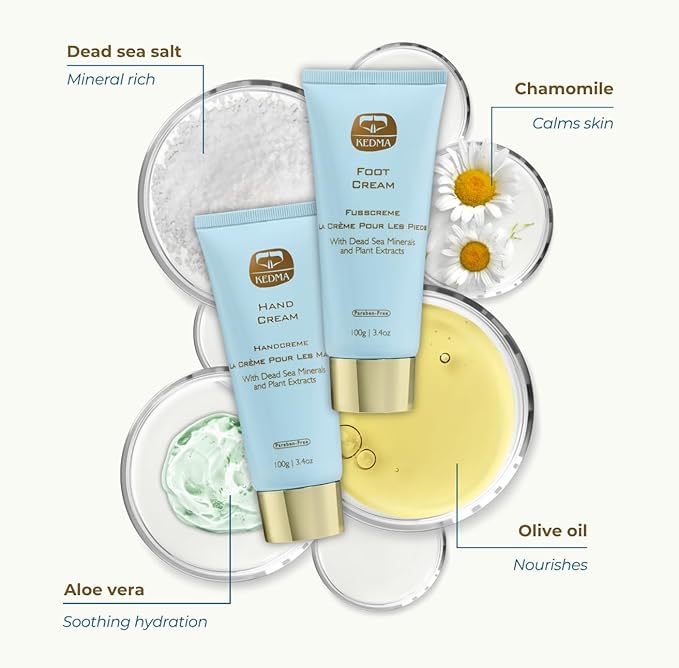 KEDMA Hand & Foot Cream Set – Daily Moisturizing Creams with Dead Sea Minerals, Aloe Vera & Olive Oil – Nourishing Skincare for Dry, Cracked Hands and Feet | 3.4 Oz each / 100g