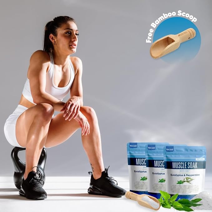 Muscle Bath Salt (3-Pack with Scoop) Muscle Bath Soaks with Pure Essential Oils in BPA Free Pouch with Press-Lock Seal Made in USA, Three 2-lbs Pouches 6-Lbs Total