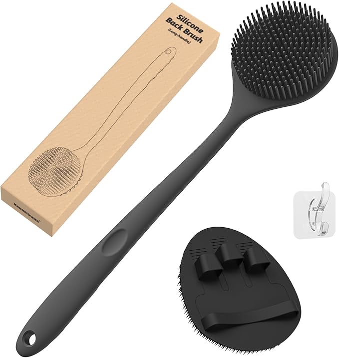Manmihealth Silicone Back Scrubber(Thin Bristles) & Soft Bath Glove Set, Super-Cleaning Body Scrubber & Super-Lathering Shower Brush Combination, with a Free Hook. (Black)