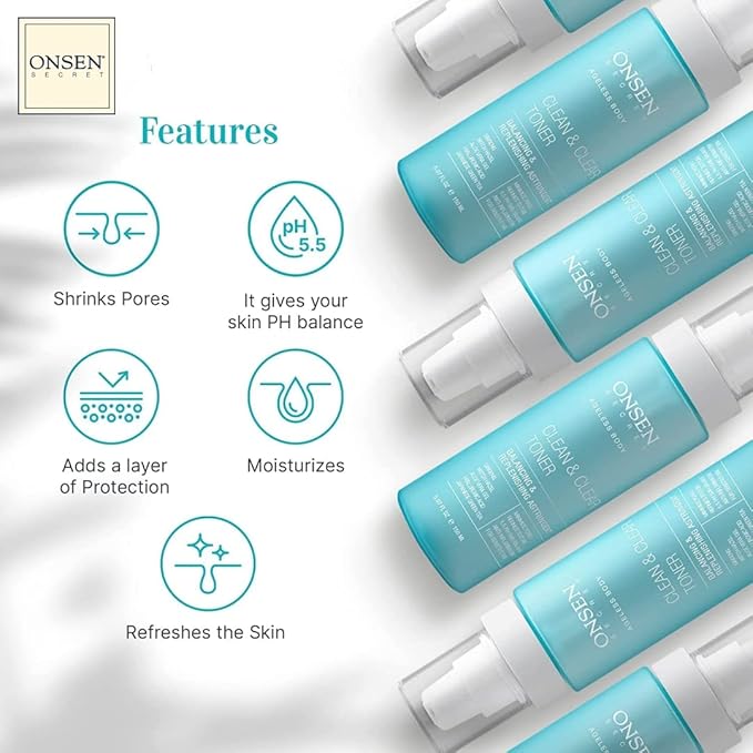 Onsen Secret Clean & Clear Face Toner - Balancing & Replenishing Astringent Daily Perfecting & Revitalizing Toner w/Witch Hazel, Aloe Vera, Green Tea, Alcohol-Free, Skin Care Toner for Face