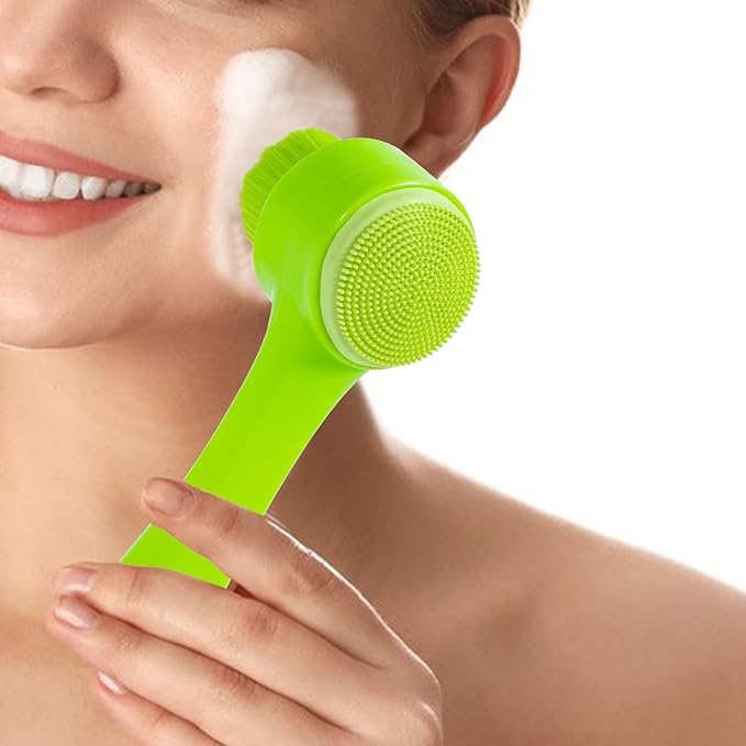 Face Brush 2 in 1, Silicone Facial Cleansing Exfoliating Brush Soft Bristles Pore Deep Cleansing Manual Dual Face Wash Scrub Brush for Massaging, Makeup Skincare Removal, Fluorescent Green