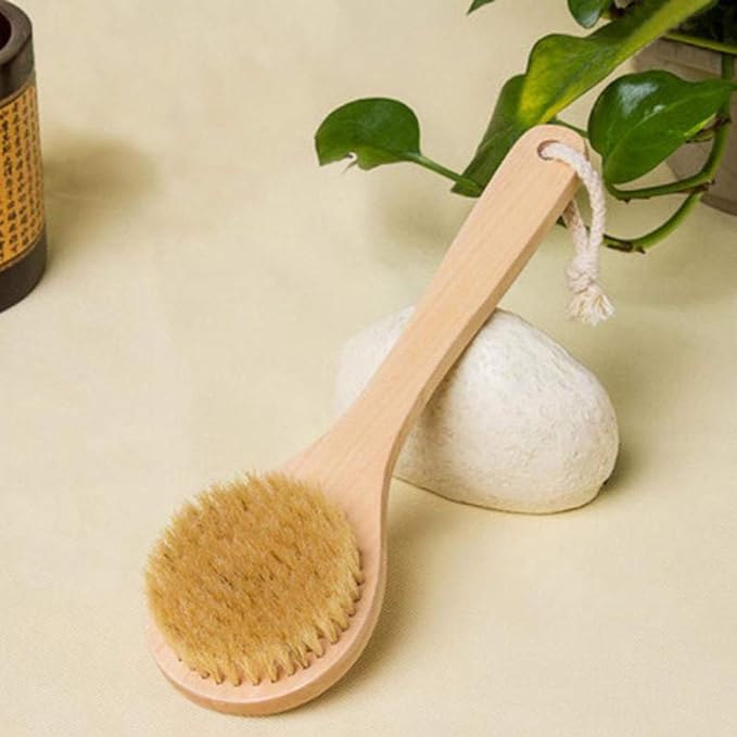 Dry Bath Body Brush Back Scrubber 9.84", Short Handle Natural Bristles Bath & Shower Brush with Anti-Slip Wooden Handle, Perfect for Exfoliating/Blood Circulation/Detox and Cellulite, etc.