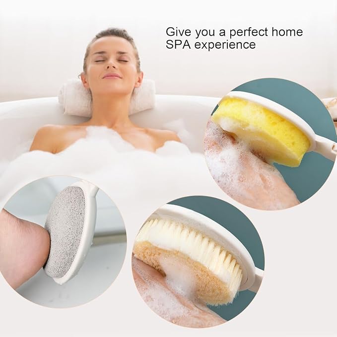 LFJ 19" Long Handle Shower Sponge Brush Set, 3 in 1 Body Brush, Bath Sponge and Lotion Applicator Improved Skin Health, Suitable for Men and Women (White Brush with pumice-1P)