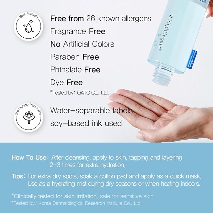 Nightingale Ecto-Hyaluronic Toner with 8 Layer Hyaluronic Acid, Ectoin, Hydrating for Dry Skin, Korean Toner, Alcohol Free, Fragrance Free, Hypoallergenic, Cruelty Free, Vegan, Korean Skin Care
