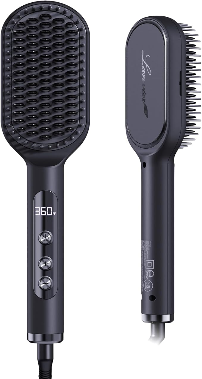 LANVIER Hair Straightener Brush, Ionic Straightening Brush with Infrared, Wide Plate Heated Smoothing Comb with Negative Ions, 32 Temps, Dual Voltage, Flat Iron Comb Styler for All Hair Type