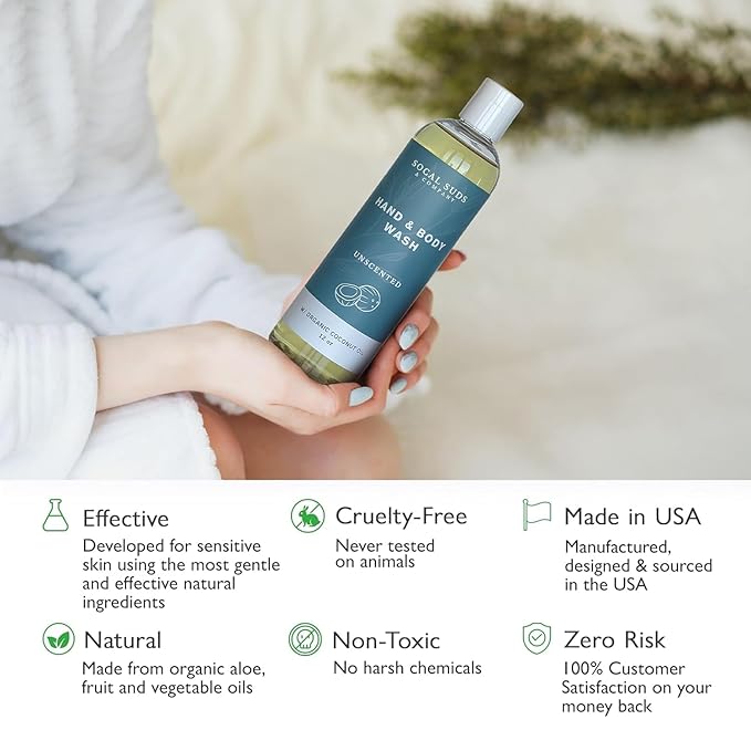 SoCal Suds & Company - 12oz Organic Soap Liquid, Gentle Hand & Body Wash, Body Wash for Men and Women, Made w/Organic Oils & Coconut Oil, Bath Essentials for All Skin Types - 2pk Fragrance-Free