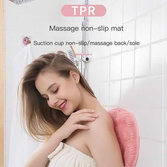 Shower Foot & Back Scrubber, Massage Pad with Suction Cups & Pumice Stone, Multi-Surface Silicone Bath Mat for Exfoliating and Massaging in Shower or Bathtub, 9.8x11.8 Inch (Beige)