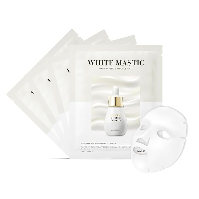 MASTINA White Mastic Ampoule Sheet Mask – 4 Sheets, Fermented Mastic Gum & Niacinamide Essence, Brightening and Deep Hydration Korean Facial Mask