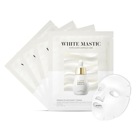 MASTINA White Mastic Ampoule Sheet Mask – 4 Sheets, Fermented Mastic Gum & Niacinamide Essence, Brightening and Deep Hydration Korean Facial Mask